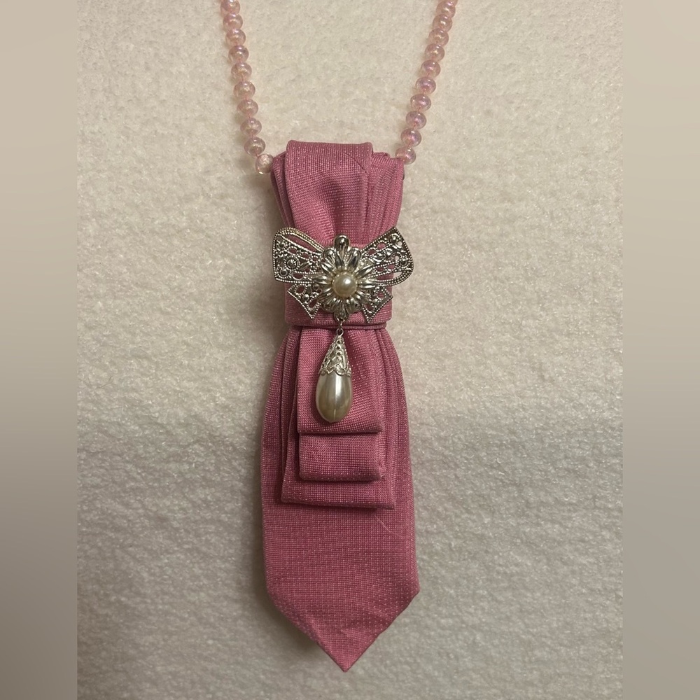 Upcycled Silk Tie Necklace with Embelishment